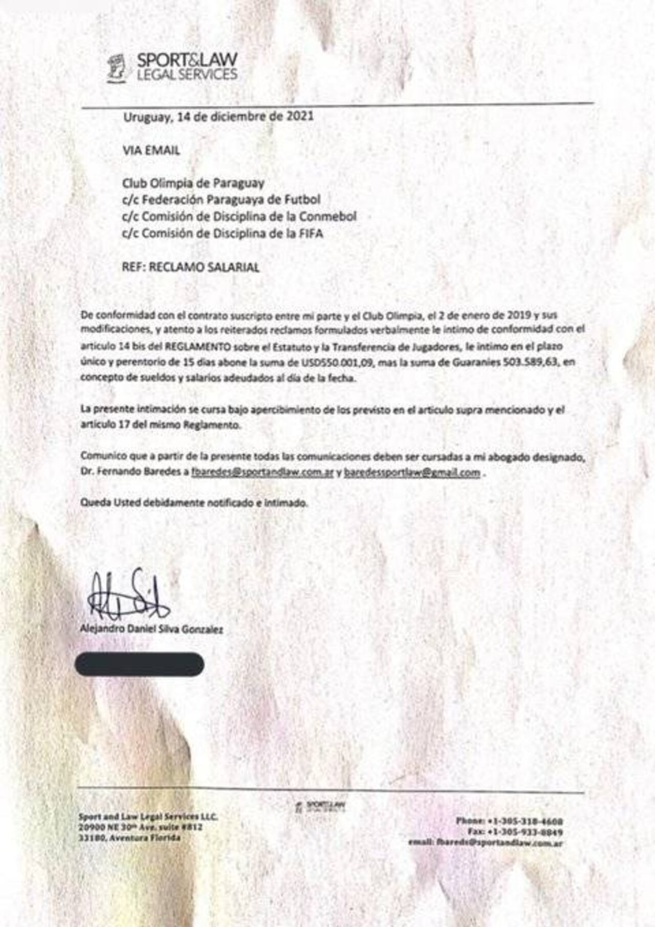 La nota de intimación que Silva le envió al Franjeado, a través de sus abogados.
