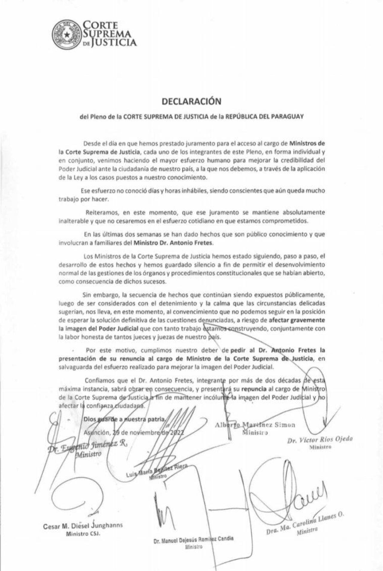 La nota del pleno de la Corte que le pide a Fretes su renuncia al cargo. Gentileza