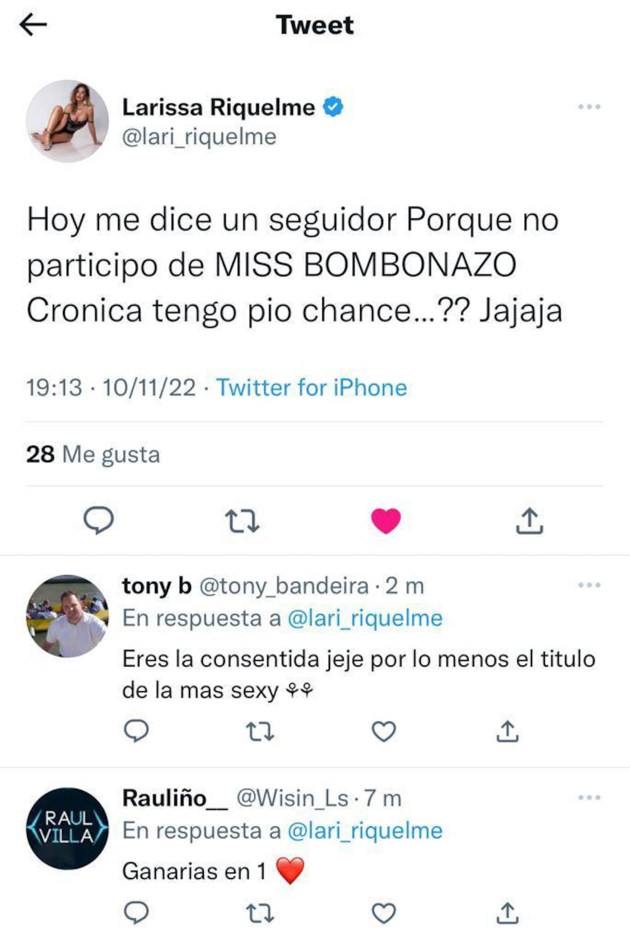 La publicación de Larissa Riquelme en Twitter.