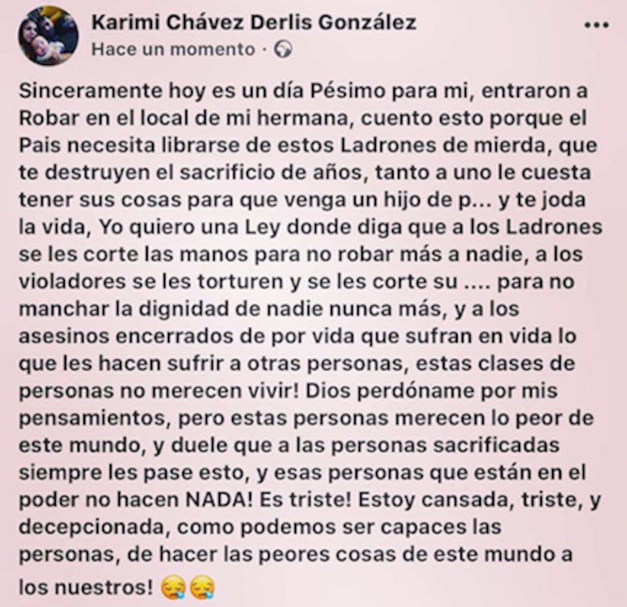 CON TODO. De esta manera, Karimi estalló exigiendo leyes más duras contra los malandros.