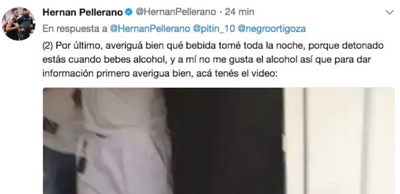 EN TWITTER. El tuit que lanzó Pellerano, con un video, donde explica que no tomó nada.