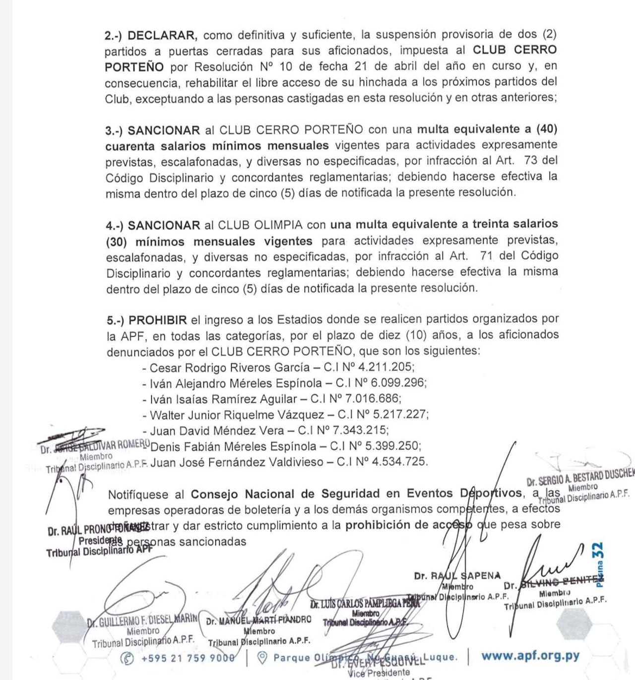 La resolución final del Tribunal Disciplinario de la APF.