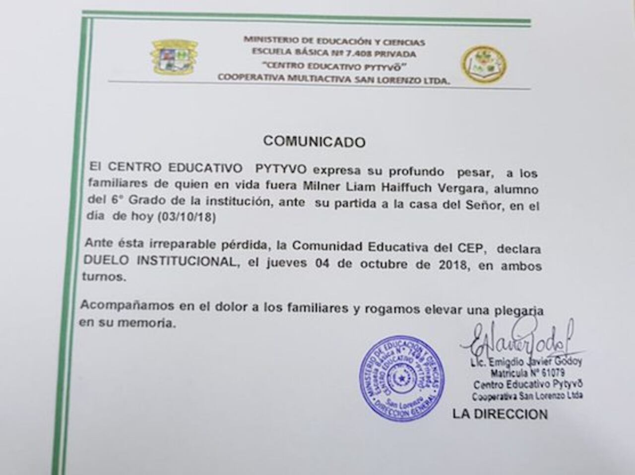 DUELO. El colegio estará de luto tras la muerte temprana del niño de 11 años.