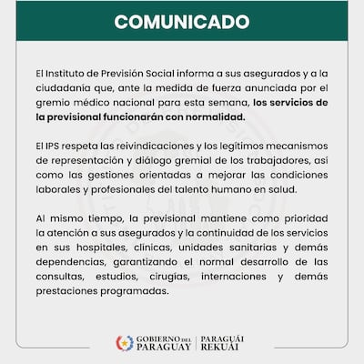 IPS asegura que atenderá normalmente durante la huelga