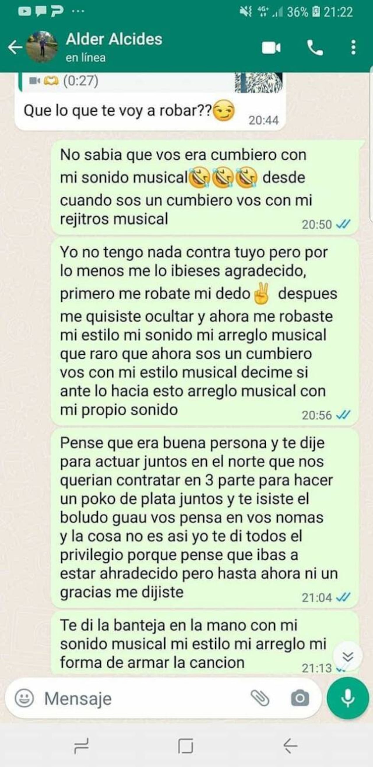 Batto Batto subió a las redes el reclamo que le hizo a Alder por Whatsapp.