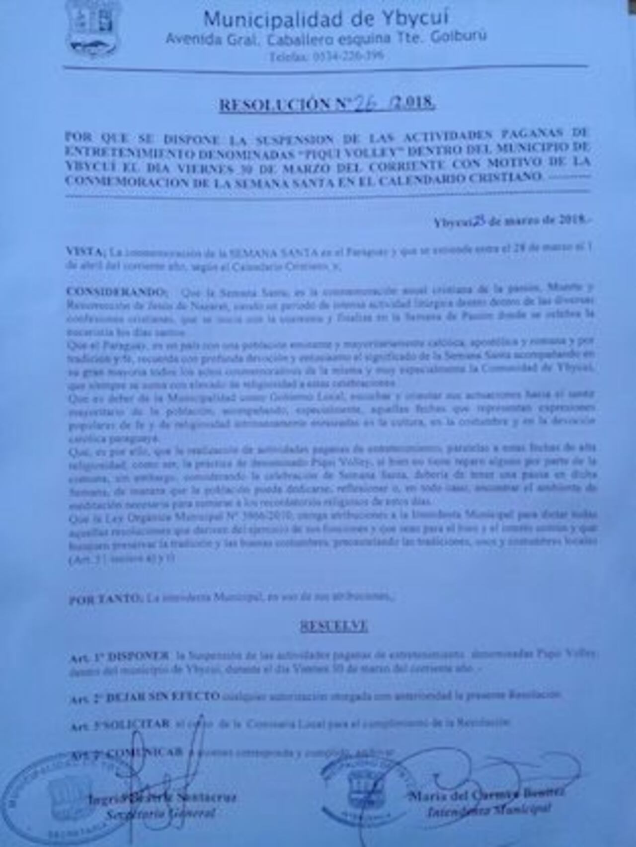 Foto 3 RESOLUCIÓN. Detalla que la actividad pagana no se realizará.