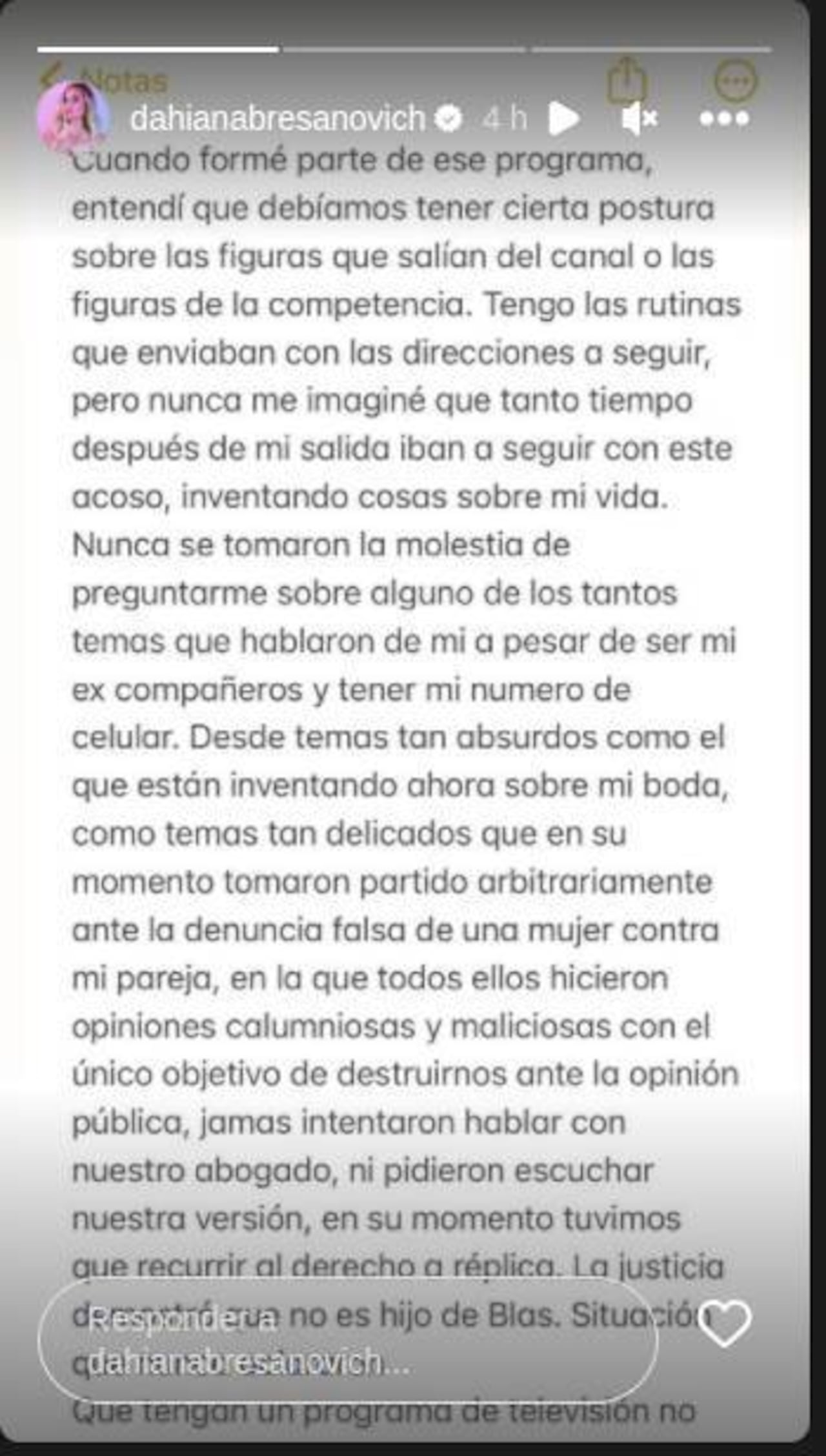 Una parte del posteo de Dahiana Bresanovich.