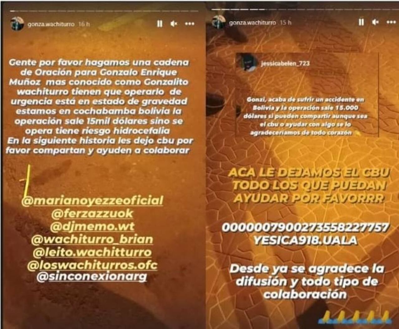 La publicación de historias donde piden cadena de oración y donación para "Gonzalito".