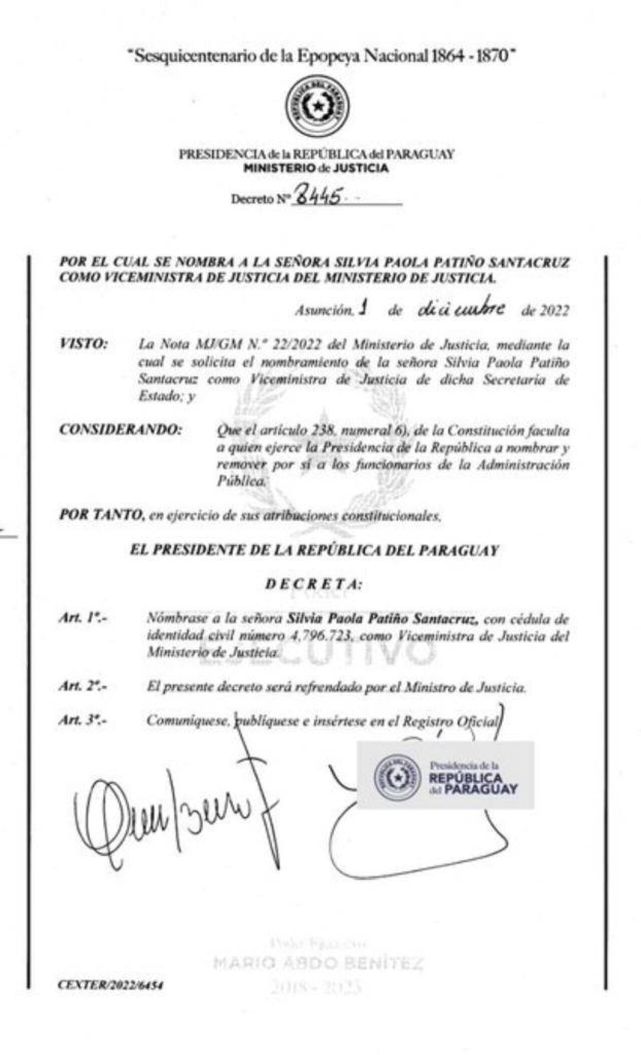 El decreto por el que se le nombra Viceministra a Silvia Patiño.