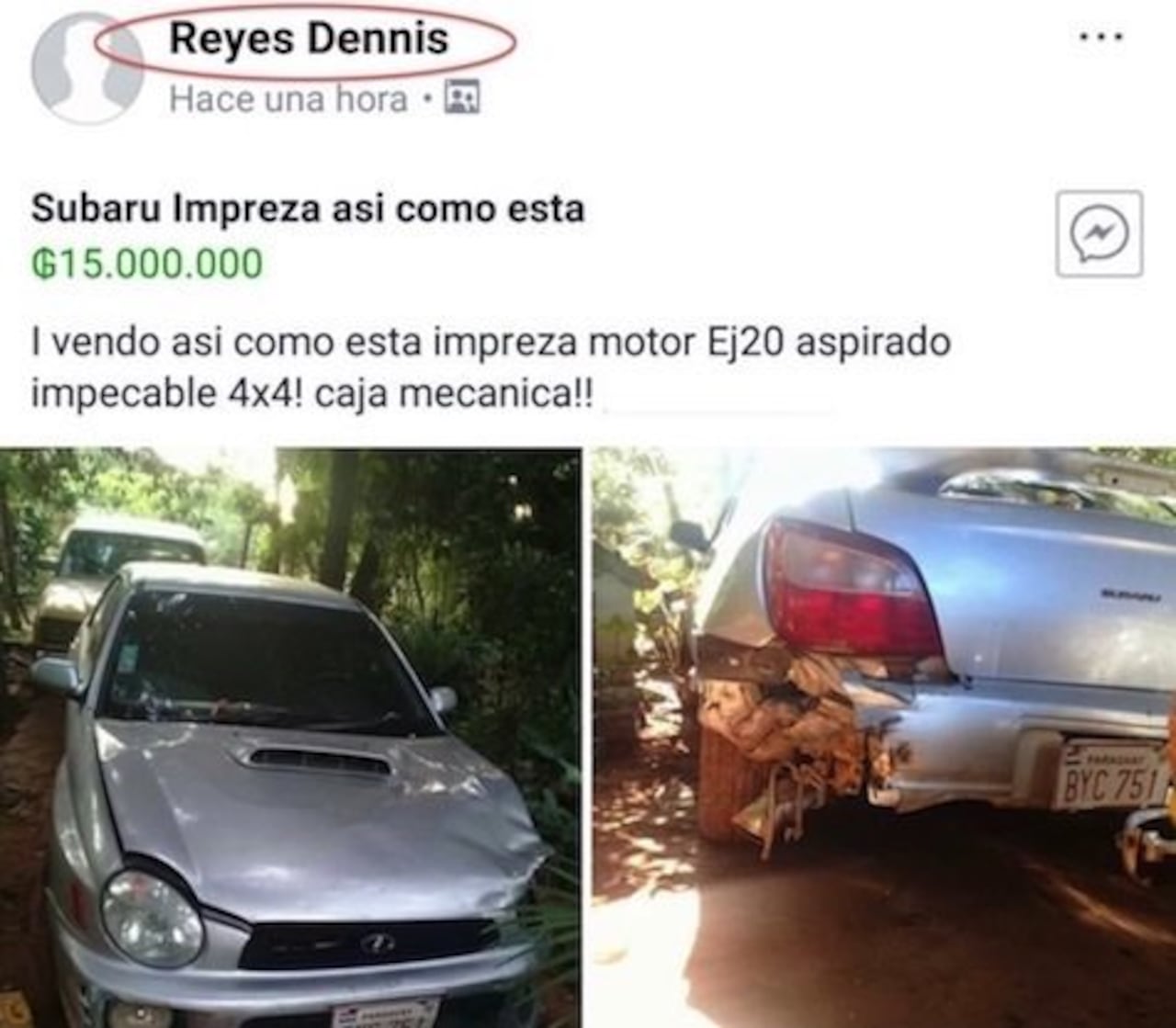 EN VENTA. En el Facebook, el péndex que habría ocasionado el accidente puso a la venta el Subaru con abolladuras y todo.