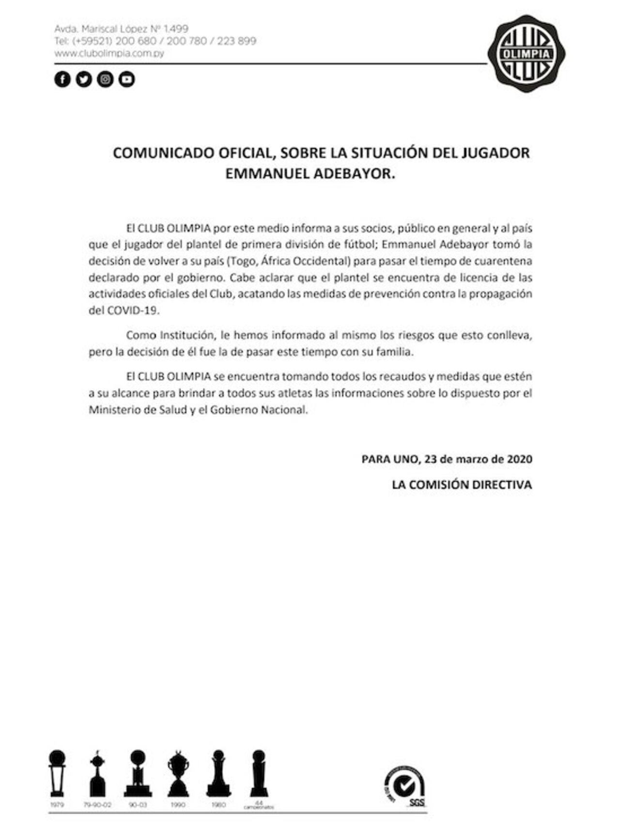 Comunicado del club Olimpia.