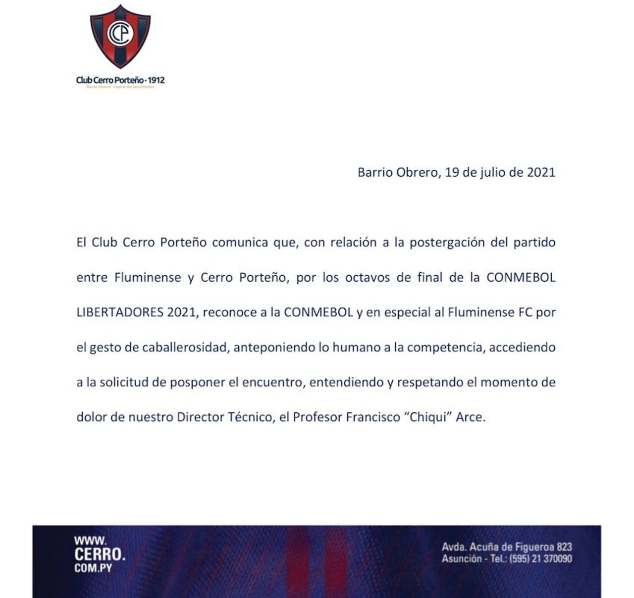 Cerro agradeció el gesto solidario de la Conmebol y Fluminense de postergar el partido revancha.