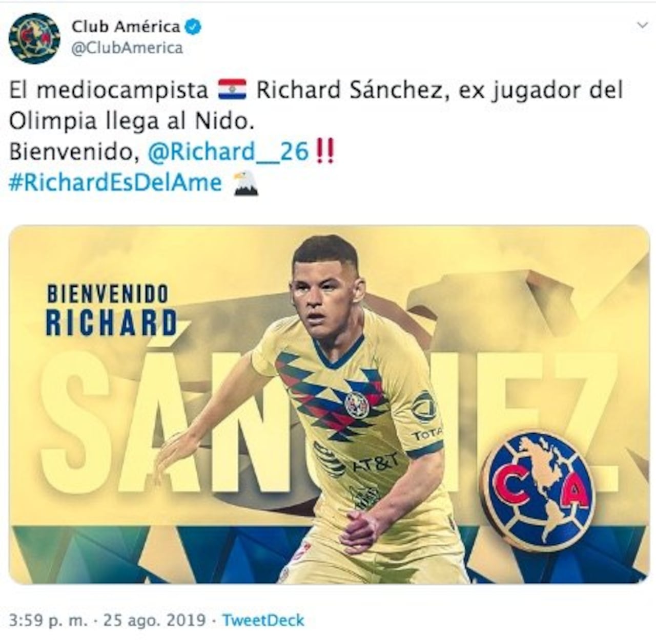El Twitter oficial del América ya le dio la bienvenida a Richard Sánchez, su flamante fichaje.